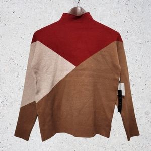 Tahari Mock Neck Red Brown Tan Long Sleeves Light Sweater Oversized Size XS